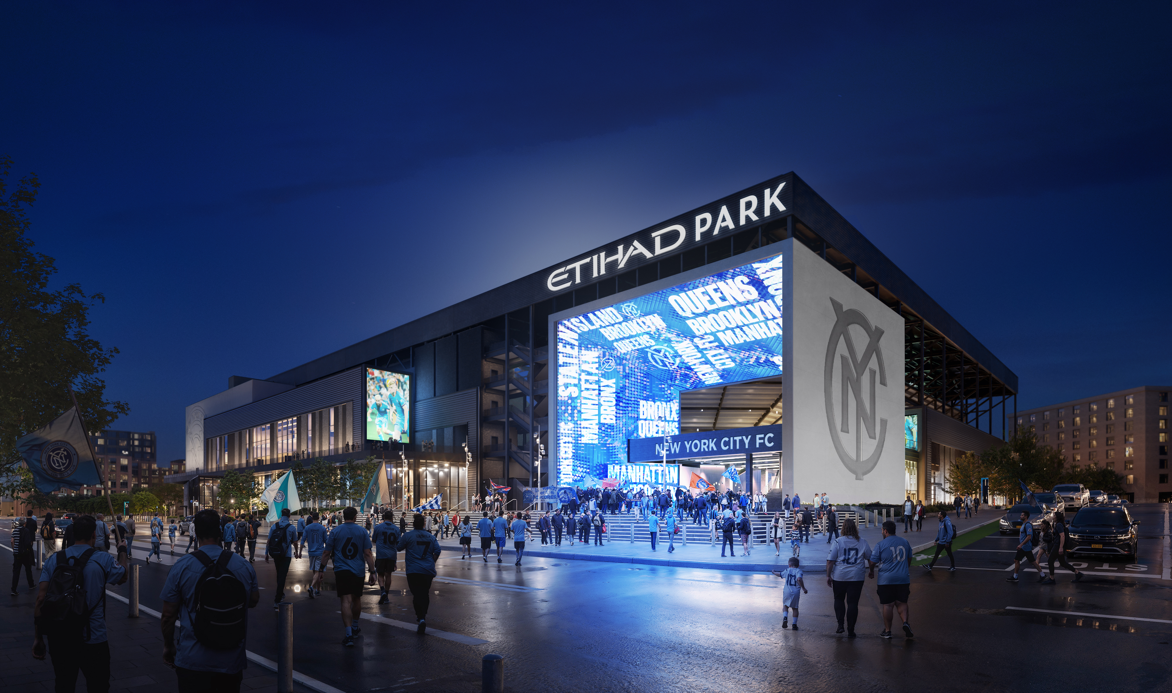 Street-level rendering of the Etihad Park exterior