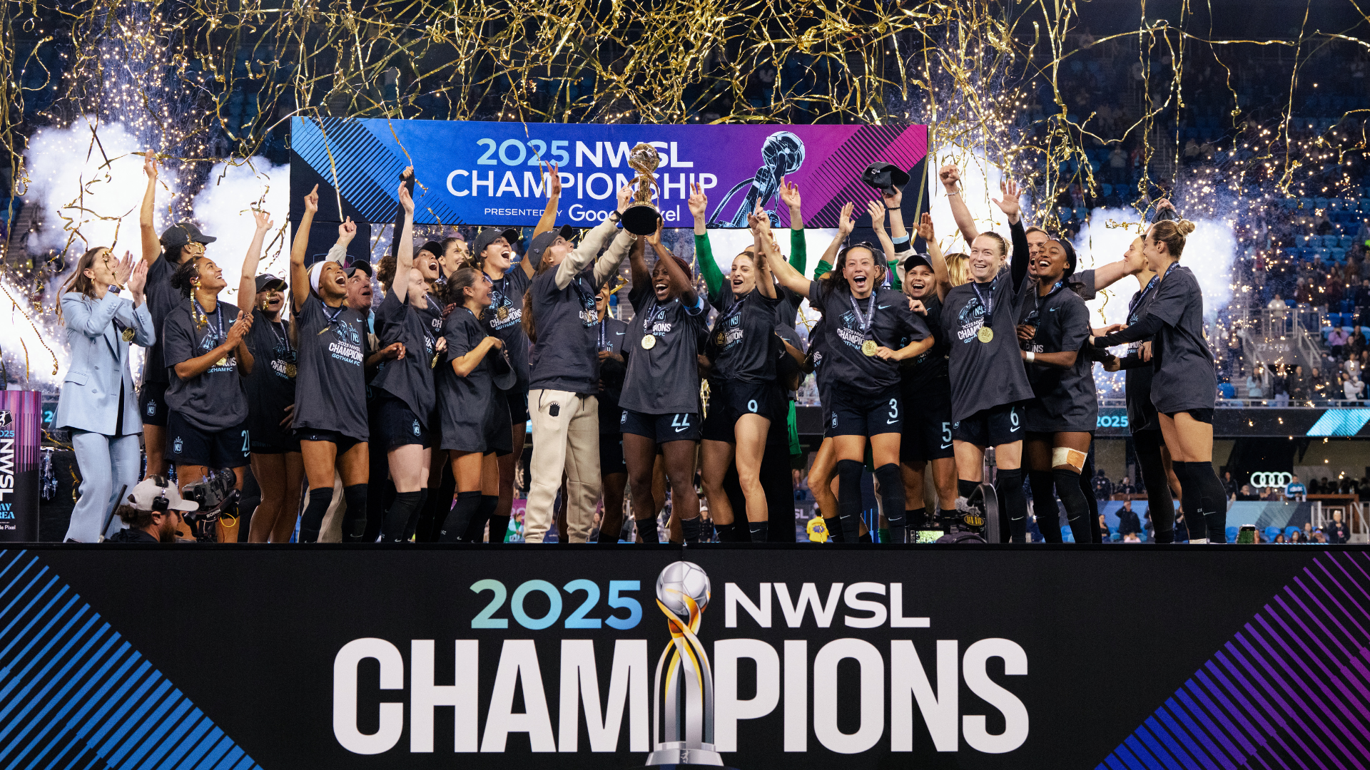Gotham FC lifting the 2025 NWSL Championship trophy